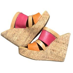 Wedge Sandals Woman’s Size 10 Kork Ease Leather Orange Pink Slip on Strappy